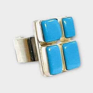 Vintage Mexico 925 Sterling Silver Glass Turquoise Ring Size 6.75 Adjustable